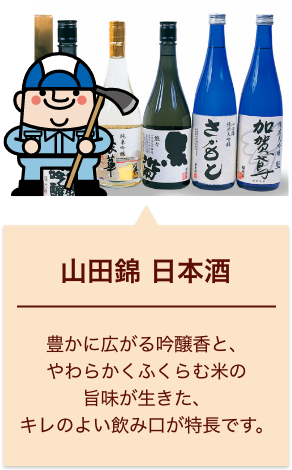 山田錦 日本酒 豊かに広がる吟醸香と、やわらかくふくらむ米の旨味が生きた、キレのよい飲み口が特長です。